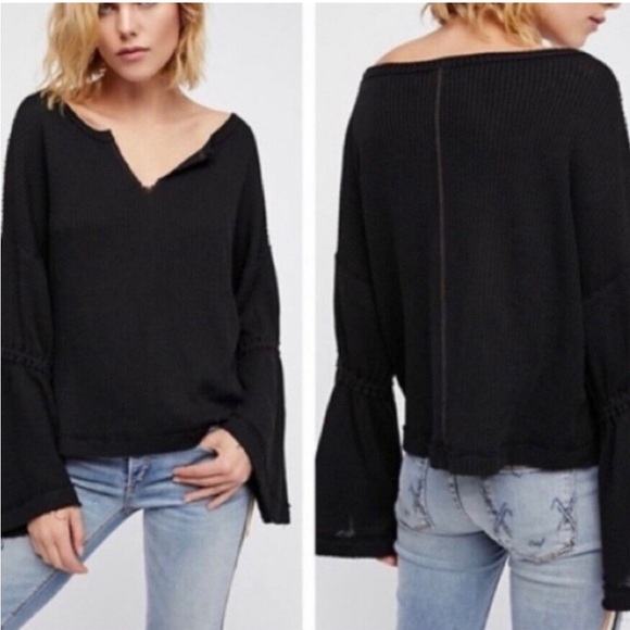 Free People] Black Waffle Thermal  flared sleeve Oversized T-shirt Top - Picture 3 of 13